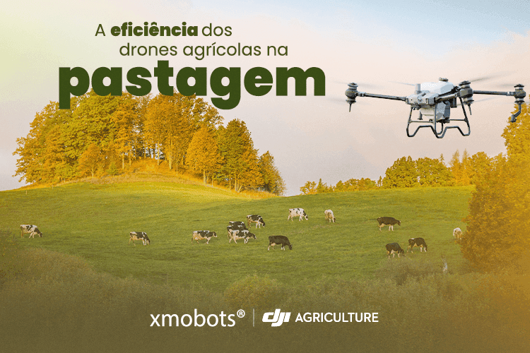 Drone da DJI Agriculture voando em uma área de pastagem com bois e vacas.