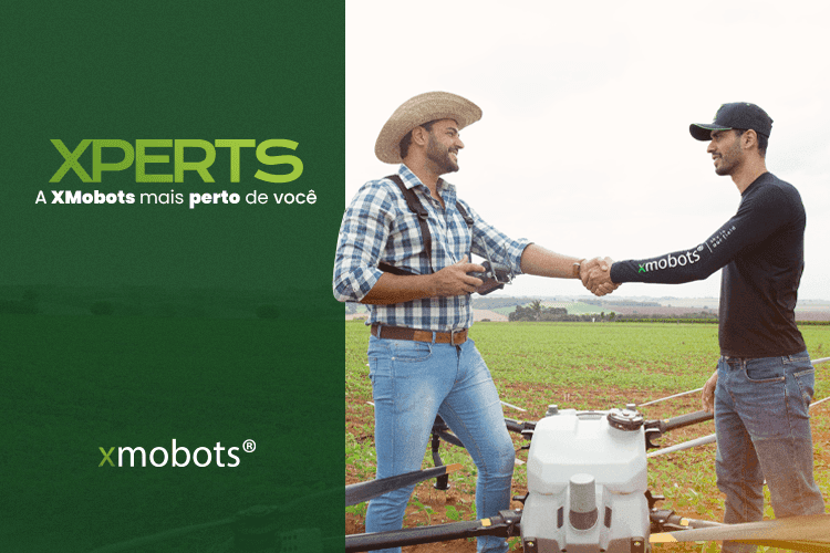 XPERTS: a XMobots mais perto de você. Imagem com um agricultor e um XPERT dando as mãos.