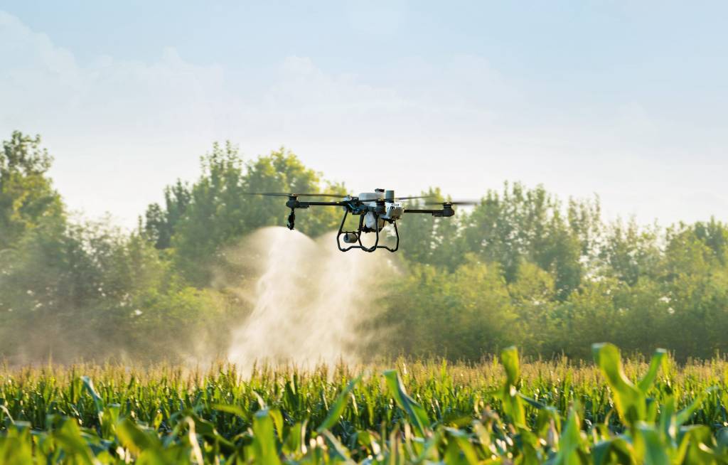 DJI AGRAS drone spraying a crop.