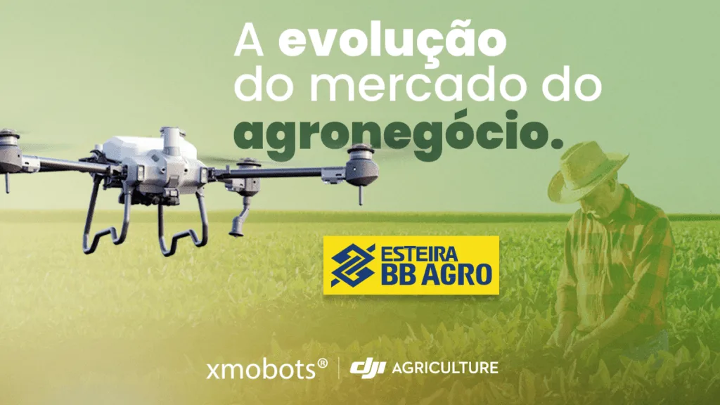 Imagem do drone pulverizador com o selo da Esteira BB Agro.