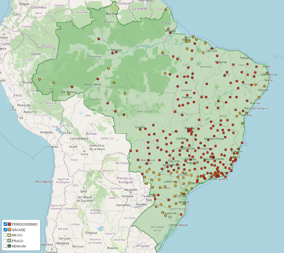 Mapa do dia 05 de agosto de 2025 com possíveis focos de incêndio grande e perigosíssimo. 
